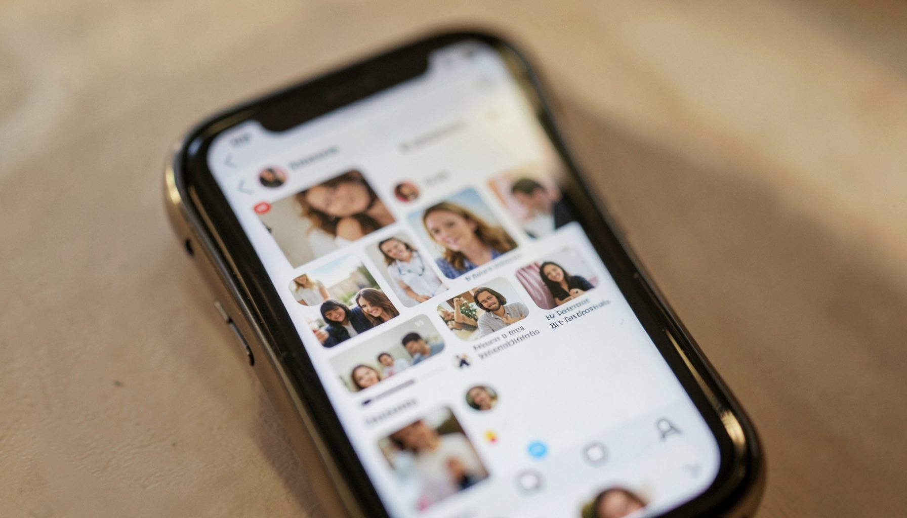 A close-up of a smartphone screen displaying an Instagram profile grid with soft natural light reflecting off the glass, in muted warm tones.