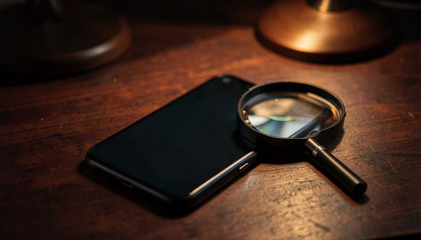 A smartphone lying on a dark wooden desk with a magnifying glass beside it, casting a soft shadow under warm desk-lamp light.
