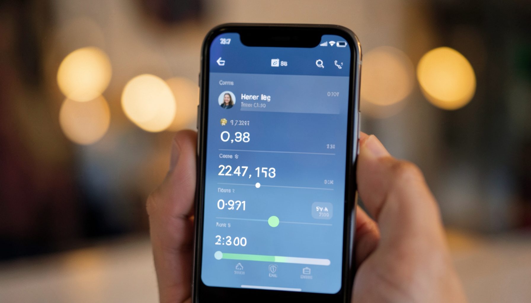 A smartphone screen showing a follower count ticking upward, with soft bokeh lights in the background.