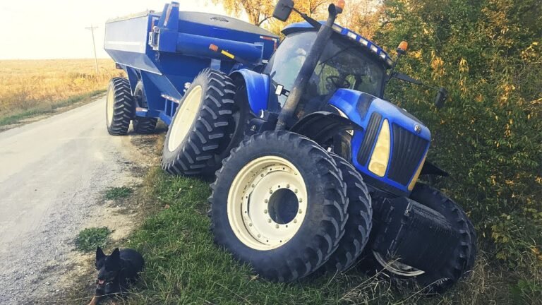 A blue tractor pulling a grain cart, tipped over on grass beside a gravel road, with a dark dog sitting nearby, muted daylight, rustic and moody atmosphere
