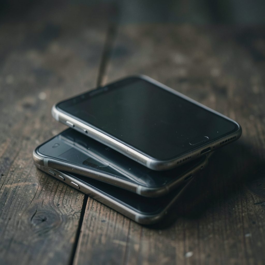 A stack of old smartphones on a dark wooden surface, dim lighting, muted gray and brown tones, nostalgic archival mood