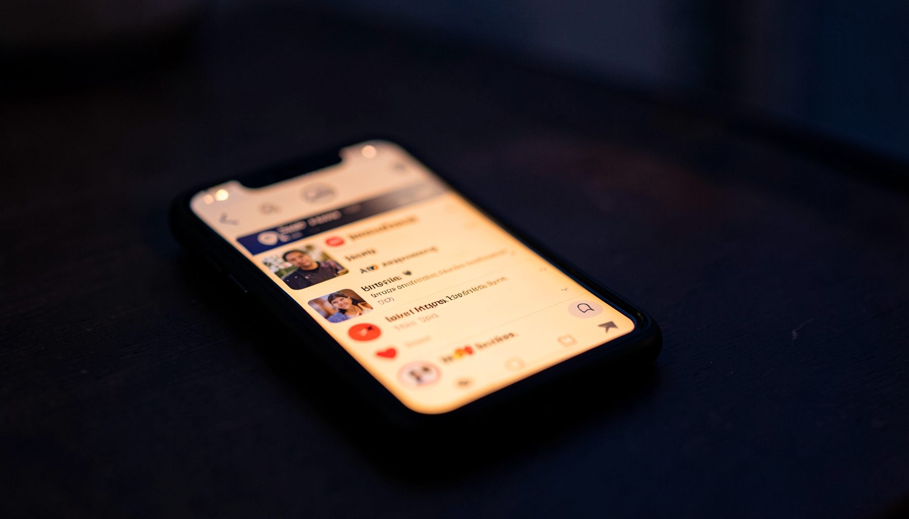 Smartphone on a dark desk at dusk, screen glowing with Instagram's interface, warm amber and deep navy tones